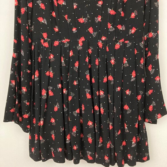 Free People Teagan Mini Dress Size 8 Black Floral Long Sleeve Keyholes Pleated - Picture 5 of 11